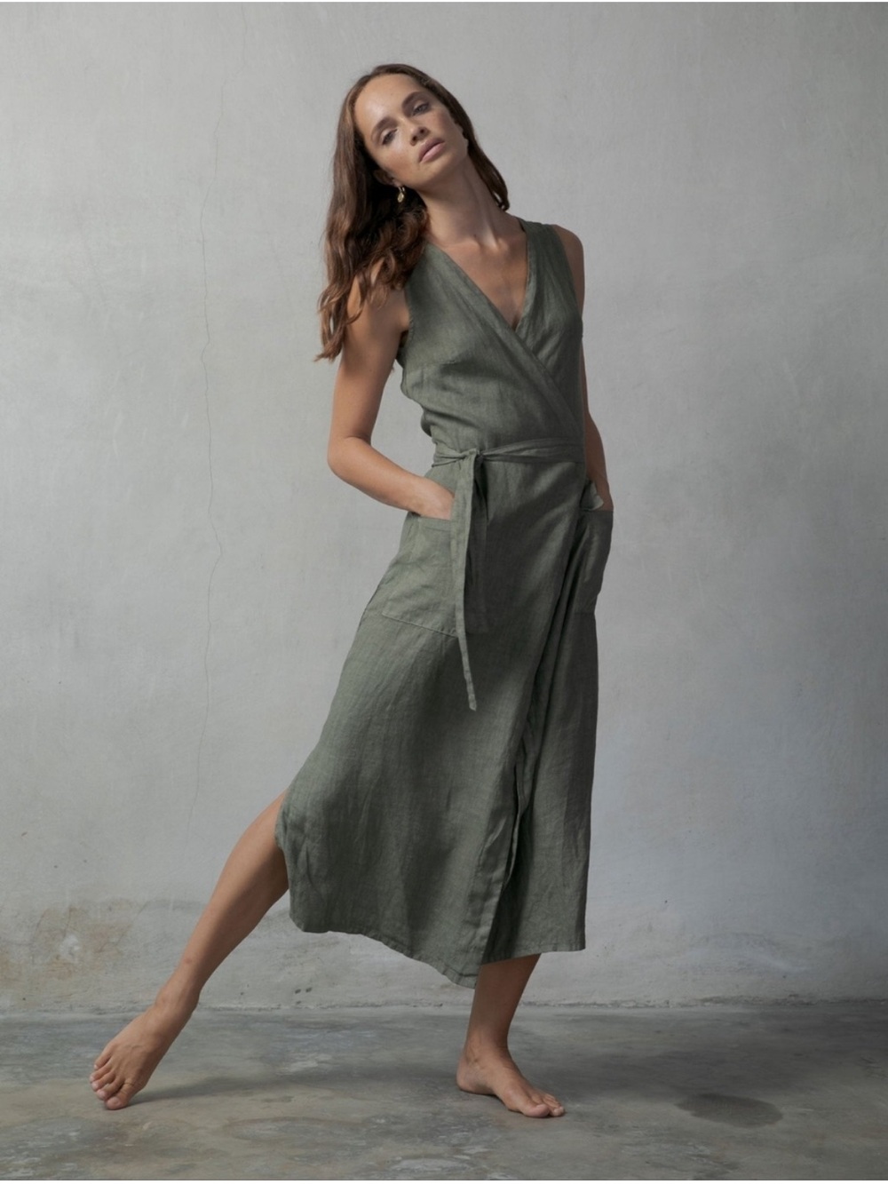 Luxmii Linen Safari Wrap Dress Women XS Green Fatigue Olive Sleeveless Tie Waist